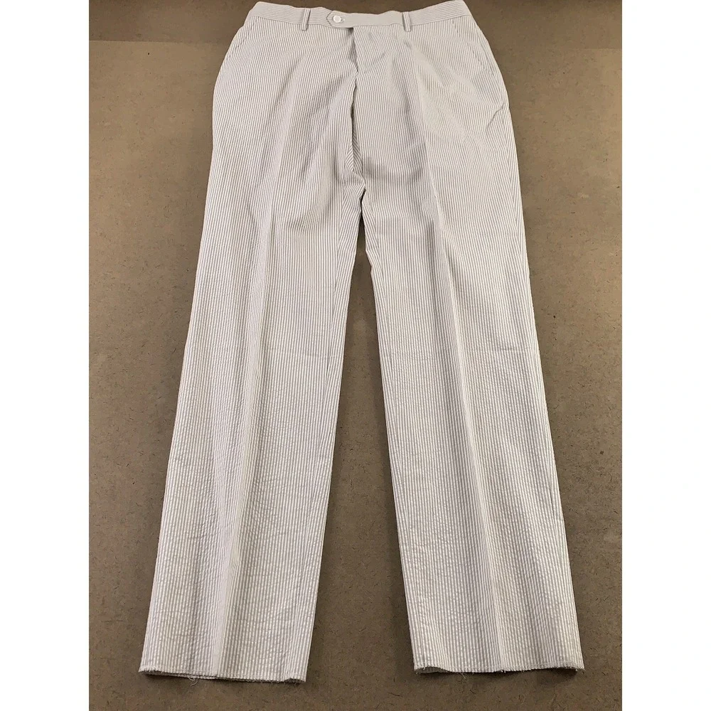 Emigre Men's Size 35 X 36 Raw Hem Striped Cotton Seersucker Flat Front Pants New